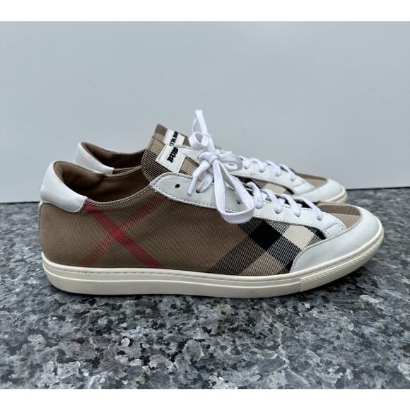 Burberry Beige Leather and Nova Check Plaid Canvas Low Top Women’s Sneakers 40 - Picture 1 of 14